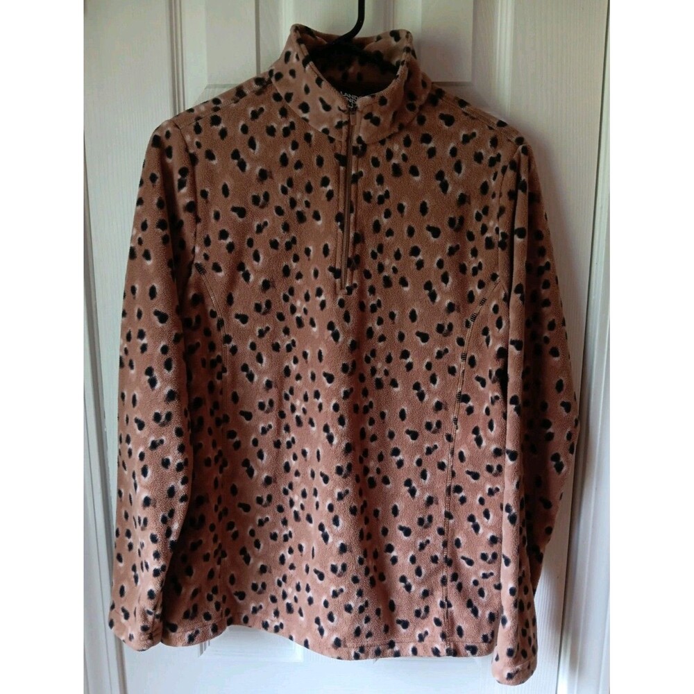 Women's Land End Leopard Print Fleece Pullover Mock Neck 1/4 Zip